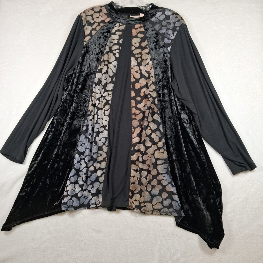 LOGO Lavish Lori Goldstein Velvet Animal Print Sharkbite Tunic Top Black 2X